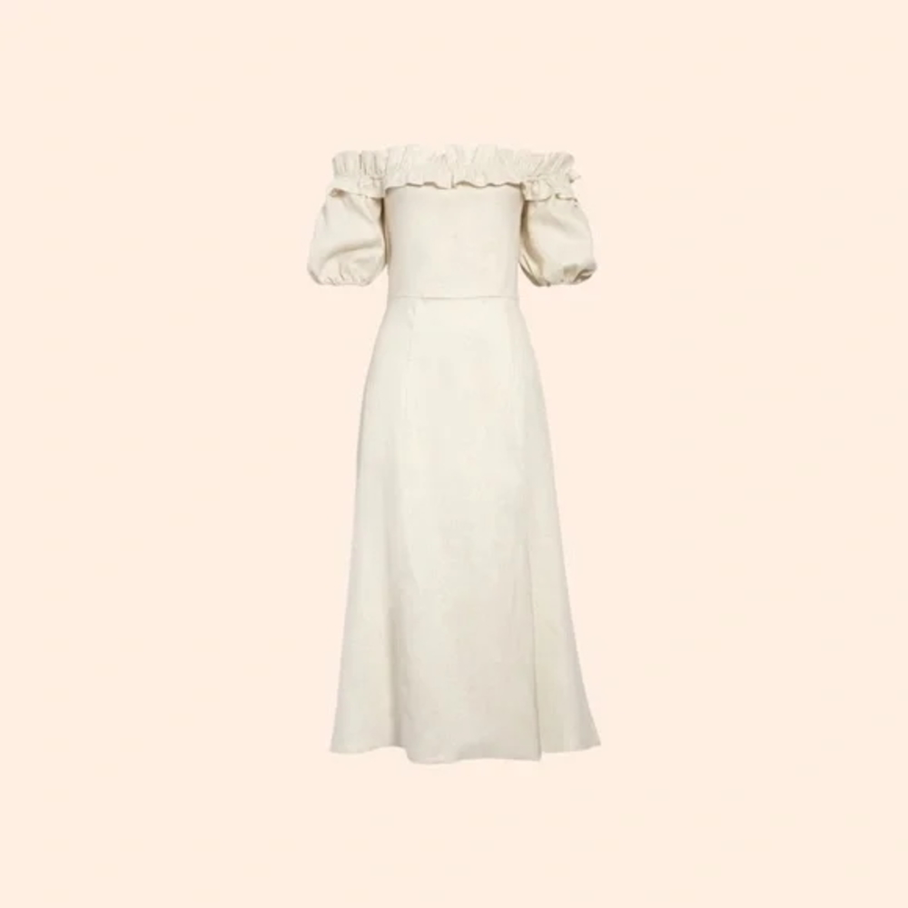 Reformation Off-Shoulder Midi Dress in Cream